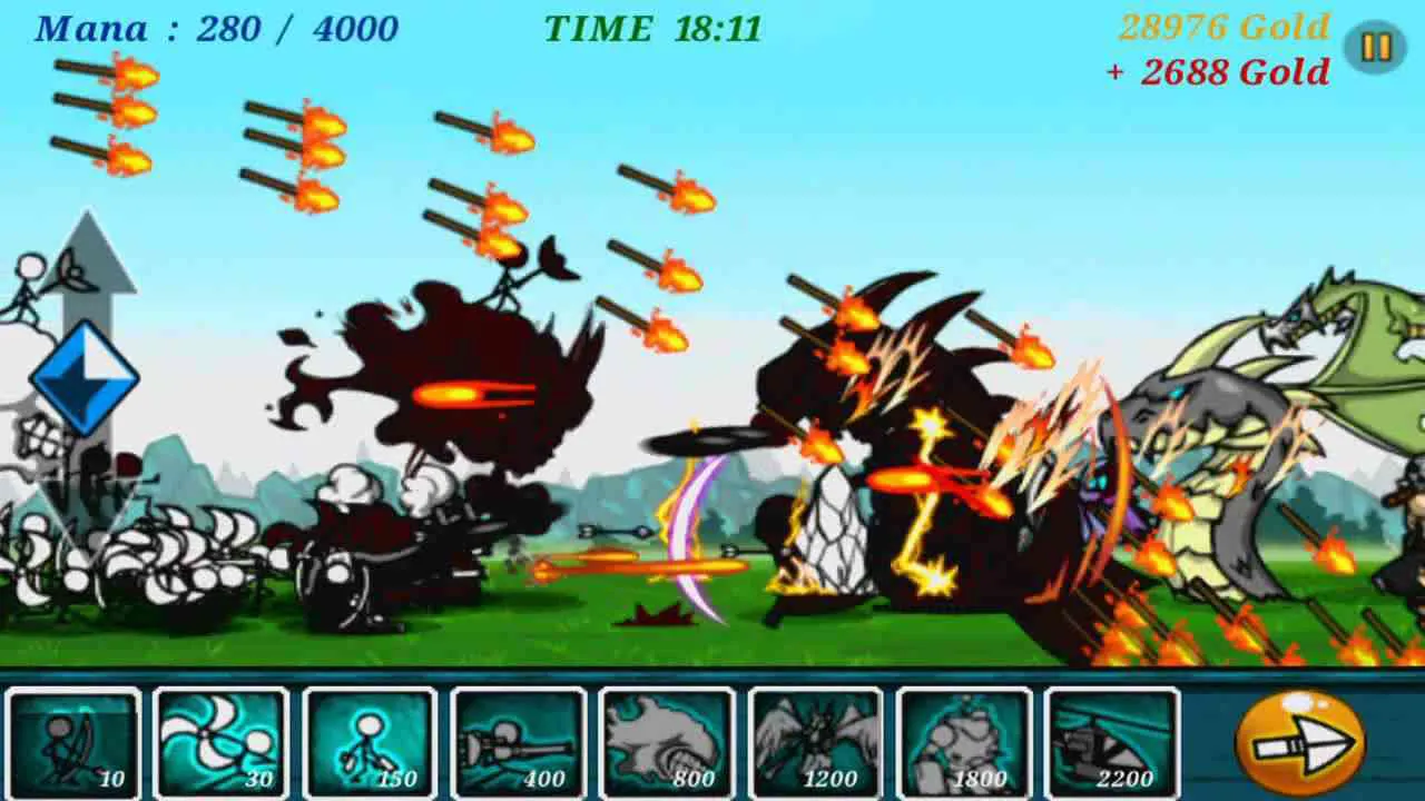 Ảnh 2 của Tải game Cartoon Wars Mod APK 1.1.7 (Vô Hạn Xu) Alt text: Màn hình lựa chọn đơn vị lính với các chiến binh stickman khác nhau