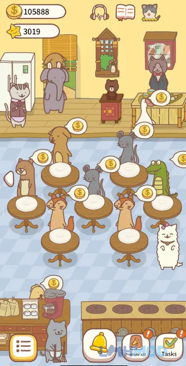 Ảnh 8 của Tải Cat Restaurant 2 Mod Apk 1.1.4 (Vô Hạn Tiền) cho Android iOs Nhiều chú mèo khách hàng đang thưởng thức đồ ăn trong một nhà hàng ấm cúng