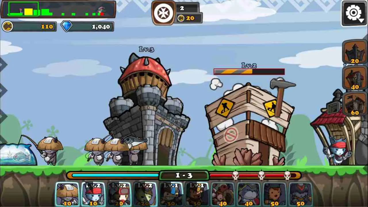 Ảnh 3 của Cat War2 Mod APK 2.4 (Menu, Kim Cương, Diamonds) Màn hình xây dựng căn cứ và nâng cấp quân trong Cat War2 Mod