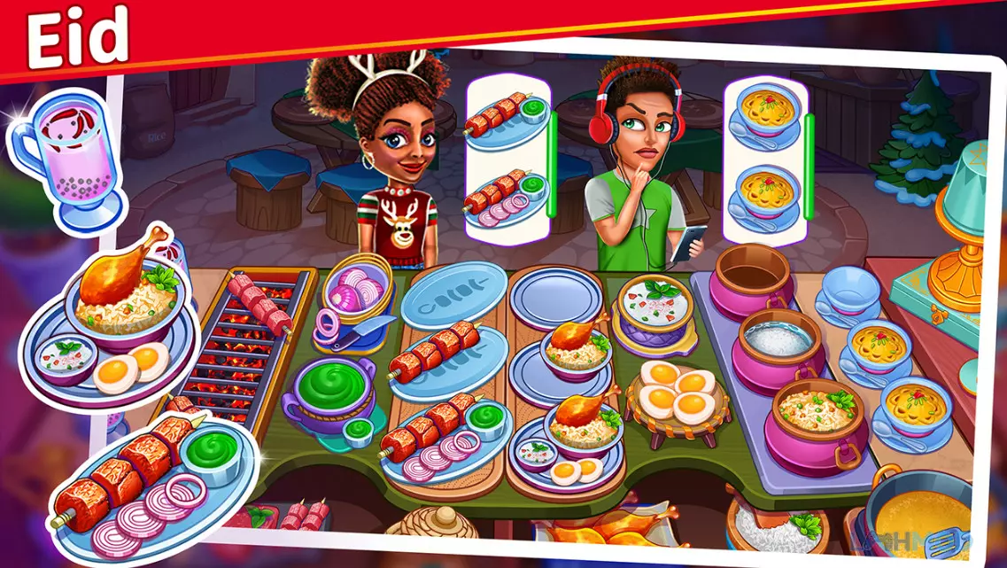 Ảnh 2 của Tải Christmas Cooking Mod Apk 1.5.2 (Vô hạn tiền) cho Android iOs Một đầu bếp nữ đang nấu ăn trong nhà bếp đầy màu sắc và món ăn Giáng Sinh