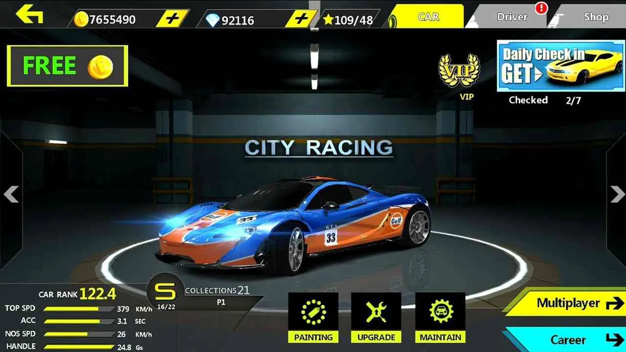 Ảnh 2 của City Racing 3D Mod APK 5.8.5017 (Menu, Vô Hạn Tiền) Giao diện chọn xe trong City Racing 3D với nhiều mẫu xe thể thao khác nhau và các tùy chọn nâng cấp