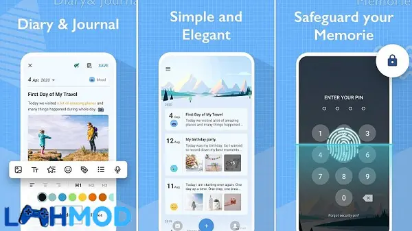 Ảnh 2 của Daily Diary MOD APK 1.02.71.0601 (Mở Khóa Pro) Android iOS Giao diện Daily Diary với các mục nhật ký được phân loại và hiển thị