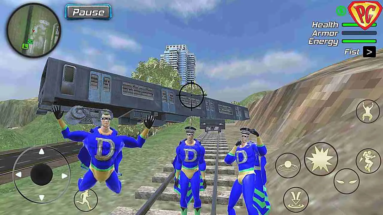 Ảnh 3 của Dollar hero: Grand Vegas Police Mod APK 1.1.8 (Vô hạn skills, mana) Siêu anh hùng Dollar hero đang lái xe tăng trong thành phố