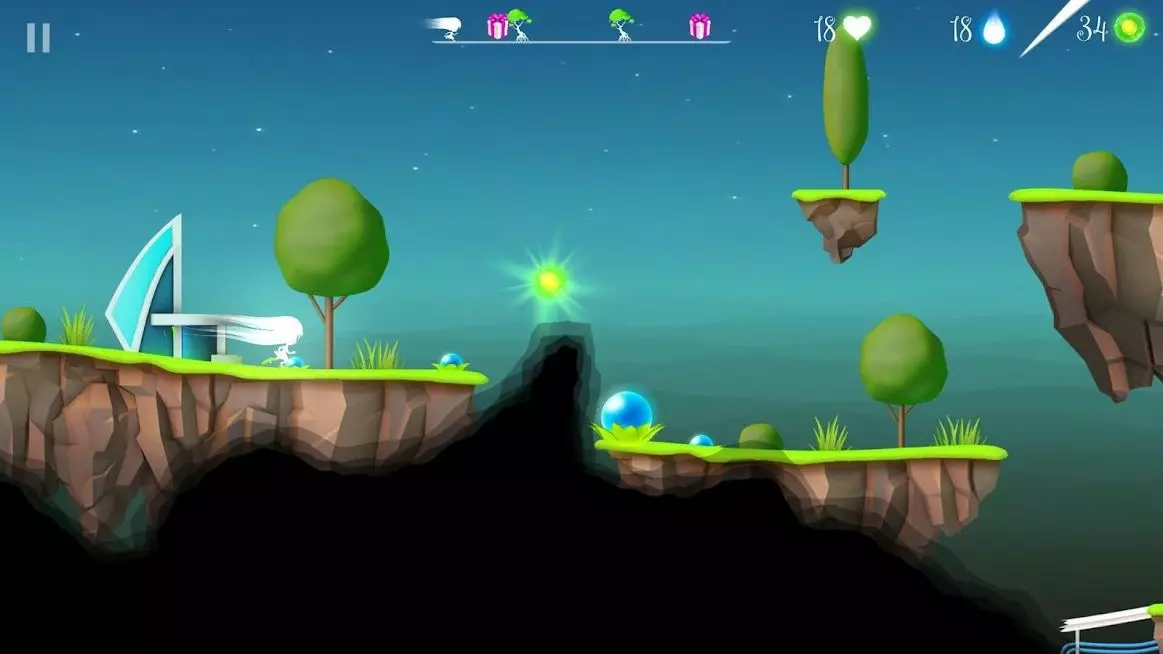 Ảnh 1 của Tải game Flora and the Darkness Mod APK v1.9.35.00000 (Ánh Sáng Không Giới Hạn) Flora đang bay qua một vách đá tối tăm trong màn chơi