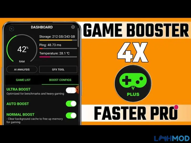Ảnh 1 của Tải Game Booster 4x Faster Pro Mod APK 2.1.5 Miễn Phí Giao diện liệt kê các tính năng của Game Booster 4x Faster Pro Mod