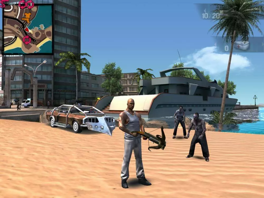 Ảnh 3 của Tải game Gangstar Rio: City of Saints Mod APK 1.2.2b (Vô hạn tiền) Nhân vật chính Angel trong Gangstar Rio City of Saints Mod cầm súng giữa thành phố