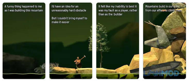 Ảnh 2 của Getting over it with bennett foddy Mod Apk v1.9.8 (Menu, giảm trọng lực, tăng tốc độ game) – LMHMOD Nhân vật Diogenes trong nồi đang dùng búa để leo núi