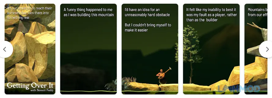 Ảnh 3 của Getting over it with bennett foddy Mod Apk v1.9.8 (Menu, giảm trọng lực, tăng tốc độ game) – LMHMOD Cảnh chơi game Getting Over It thể hiện địa hình phức tạp và chướng ngại vật