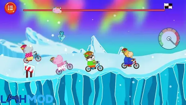 Ảnh 3 của Tải Hippo Bicycle: Kids Racing APK 1.2.9 Android iOS Hippo Bicycle Kids Racing Giao diện trong game với chú hà mã vượt chướng ngại vật
