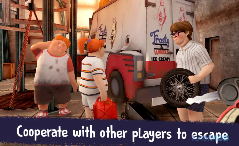 Ảnh 2 của Tải Ice Scream United Multiplayer Mod Apk 0.9.5 (Không quảng cáo) cho Android iOs Một nhóm nhân vật đang chạy trốn trong nhà máy kem