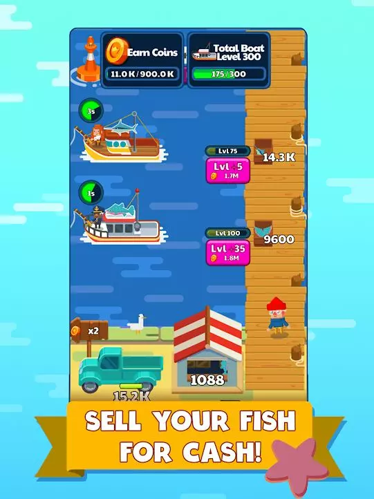 Ảnh 1 của Idle Fishing Story Mod APK v2.6.18 (Mở Khoá Trang Phục) Giao diện game Idle Fishing Story Mod hiển thị cảnh câu cá trên biển xanh