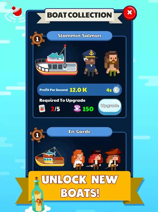 Ảnh 2 của Idle Fishing Story Mod APK v2.6.18 (Mở Khoá Trang Phục) Màn hình tải Idle Fishing Story Mod với hình ảnh thuyền trưởng điều khiển thuyền
