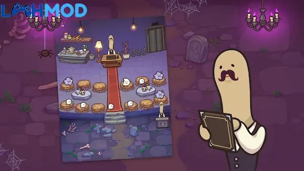 Ảnh 3 của Idle Ghost Hotel MOD APK 1.3.1.5 (Vô hạn tiền) Android Hình ảnh giao diện quản lý khách sạn trong Idle Ghost Hotel, cho thấy các hồn ma đang sinh hoạt