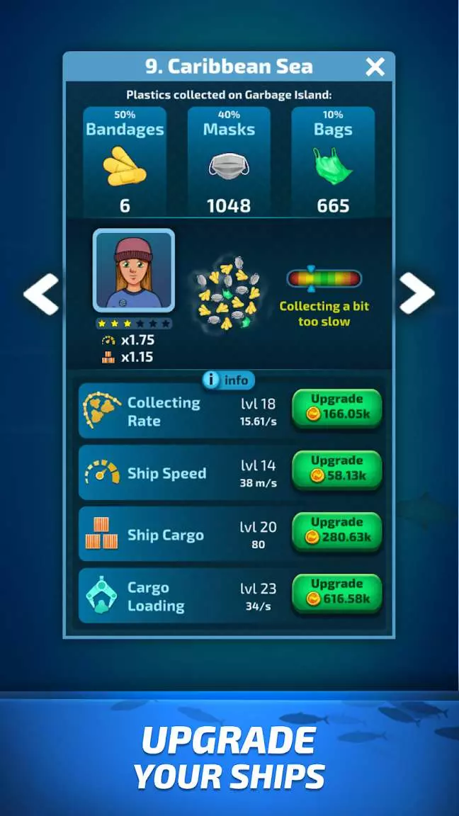 Ảnh 3 của Tải game Idle Ocean Cleaner Eco Tycoon Mod APK 1.14.1 (Vô Hạn Tiền) Màn hình chơi game với nhiều thuyền đang thu gom rác