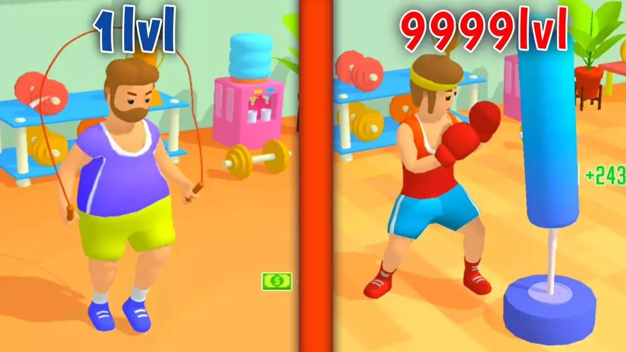 Ảnh 1 của Tải game Idle Success Mod APK 1.6.7 (Vô hạn tiền) Hình ảnh một người đàn ông đang tập gym với các dụng cụ tạ