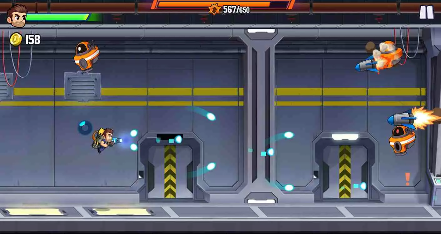 Ảnh 1 của Tải game Jetpack Joyride 2 Mod APK V1.61.1 (Menu, Vô Hạn Tiền) Barry đang bay với khẩu súng laser trong Jetpack Joyride 2