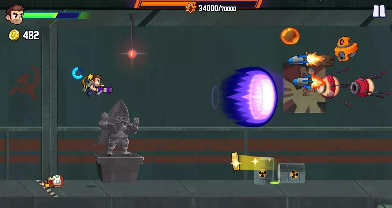 Ảnh 2 của Tải game Jetpack Joyride 2 Mod APK V1.61.1 (Menu, Vô Hạn Tiền) Barry đang né tên lửa và robot trong Jetpack Joyride 2