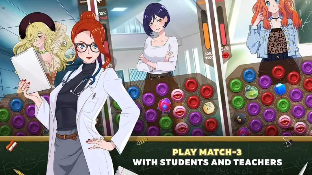Ảnh 2 của Tải game Love Academy Mod APK 1.0.13 (Vô hạn năng lượng) Giao diện trò chơi Love Academy với nhân vật nữ sinh và màn hình giải đố