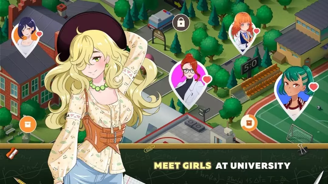 Ảnh 4 của Tải game Love Academy Mod APK 1.0.13 (Vô hạn năng lượng) Hình ảnh trong Love Academy Mod, tập trung vào nhân vật nữ chính trong trang phục học sinh