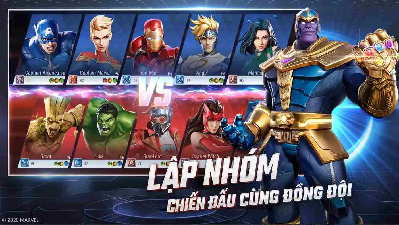 Ảnh 4 của Tải Marvel Super War Mod APK v8.3.5 (Vô Hạn Tiền, Gems) Alt text mô tả các nhân vật Marvel được nâng cấp trong bản mod