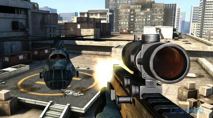Ảnh 2 của Tải MC3 Apk 1.1.4g cho Android iOs Cảnh tượng chiến đấu khốc liệt trong Modern Combat 3, với binh lính và môi trường đổ nát
