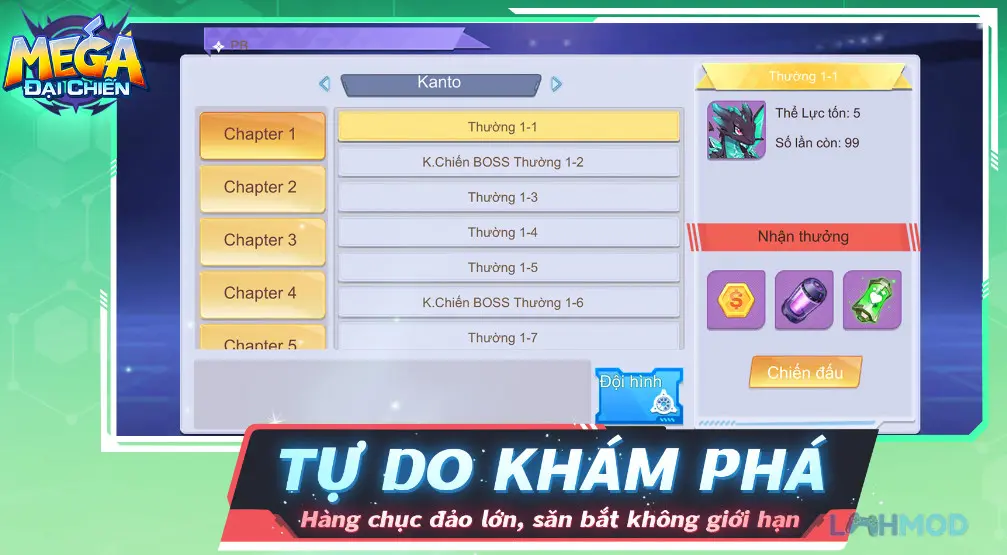 Ảnh 3 của Tải Mega Đại Chiến Mod Apk 1.00 (Vô hạn tiền) cho Android iOs Nhân vật Ash cùng Pokemon trong thế giới Mega Đại Chiến