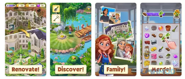 Ảnh 1 của Tải Merge Manor: Sunny House Mod Apk 1.0.84 (Vô hạn tiền) cho Android iOs Cảnh quan dinh thự Sunny House đang dần được khôi phục và trang trí lại