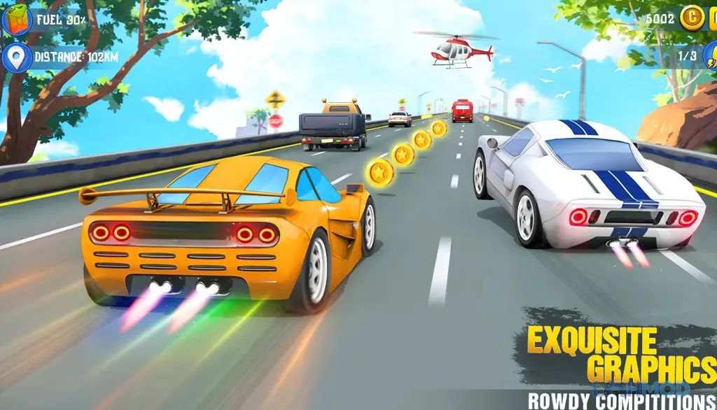 Ảnh 2 của Tải Mini Car Racing Game Legends Apk 5.9.1 cho Android iOs Góc nhìn từ trên cao xuống một đoạn đường đua cao tốc vô tận với nhiều xe đang di chuyển