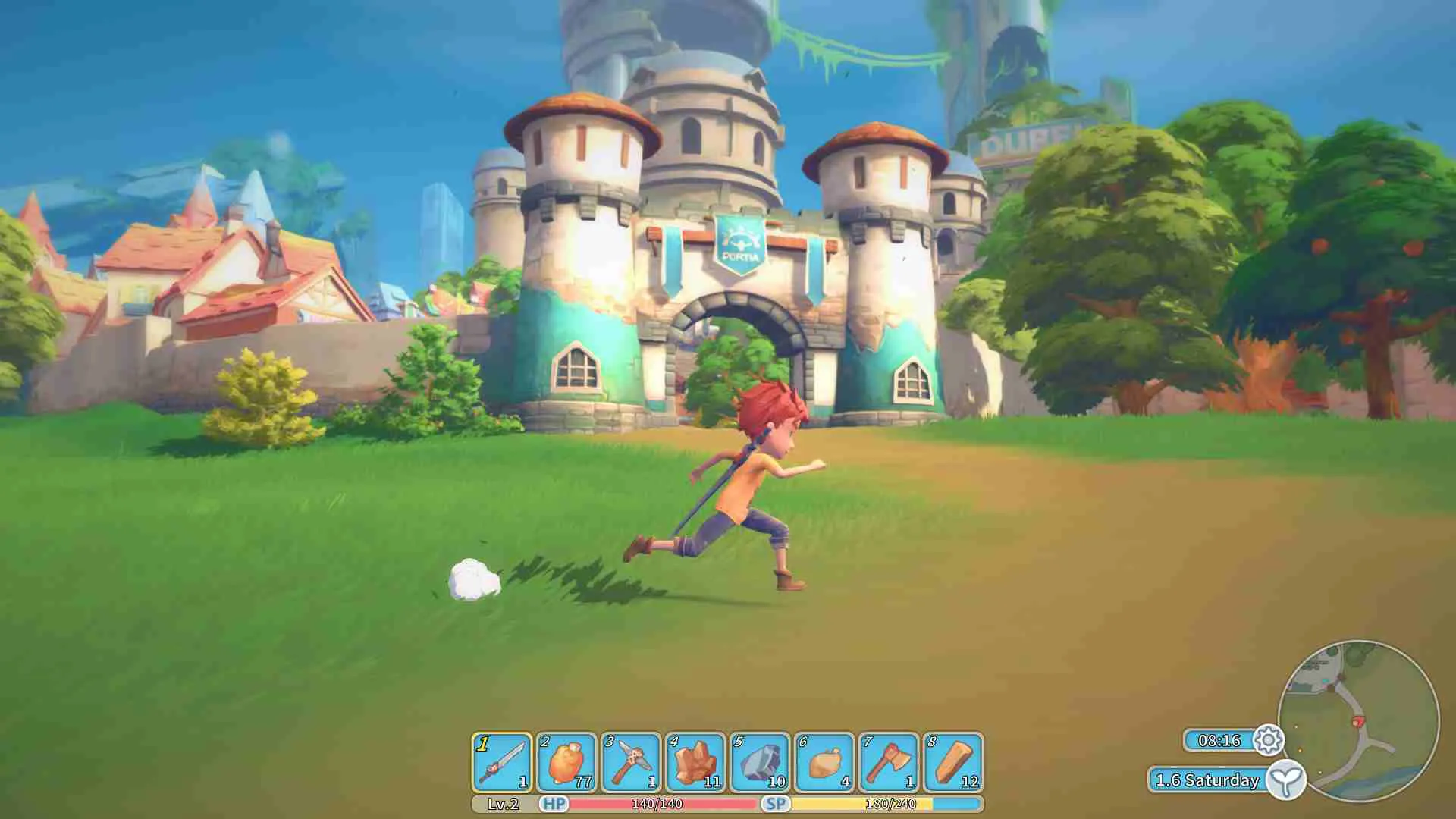 Ảnh 1 của Tải game My Time at Portia Mod APK 1.0.11232 (Mở Khoá) Alt text mô tả một khu xưởng rộng lớn với nhiều cỗ máy và công trình đang hoạt động
