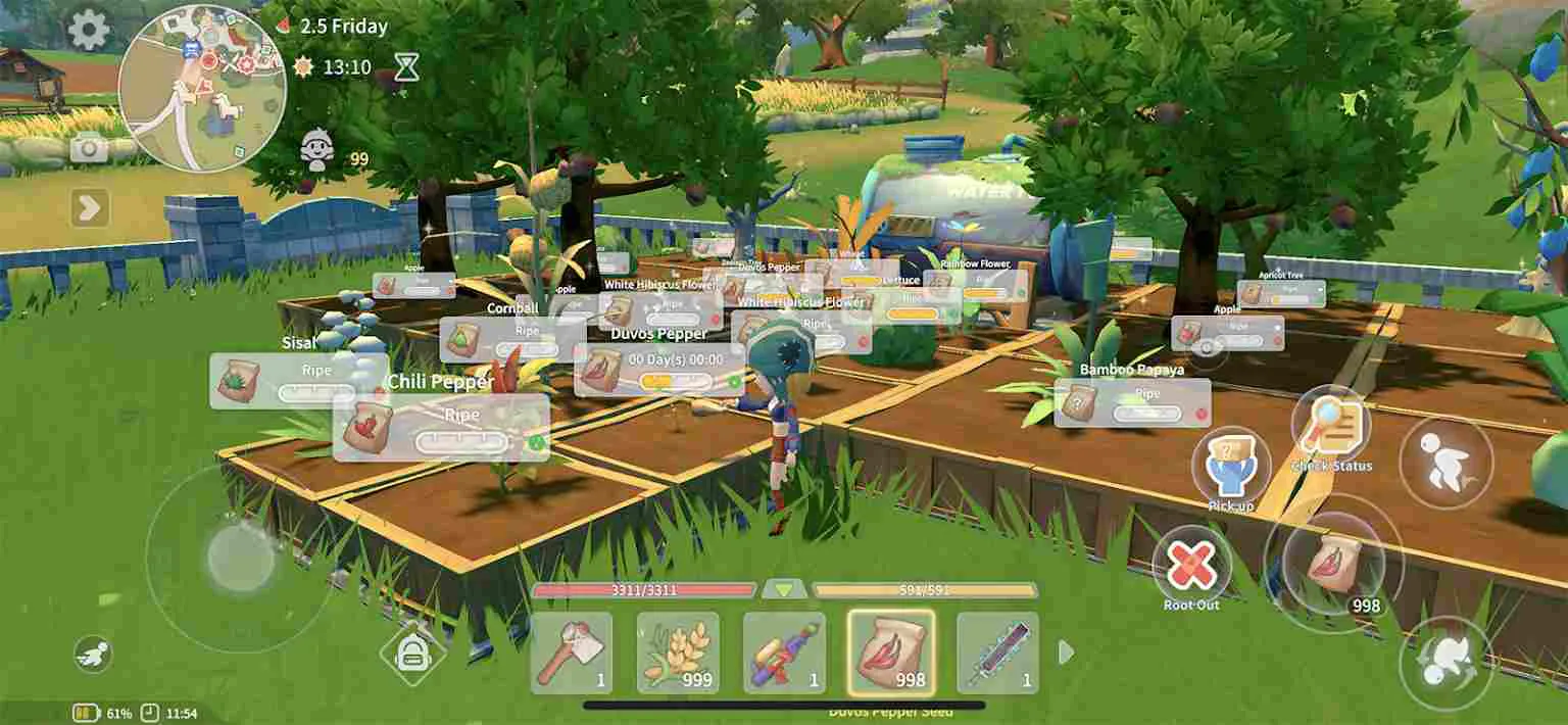 Ảnh 2 của Tải game My Time at Portia Mod APK 1.0.11232 (Mở Khoá) Alt text mô tả nhân vật chính đang khám phá một khu vực ngoài trời rộng lớn với cây cối và công trình