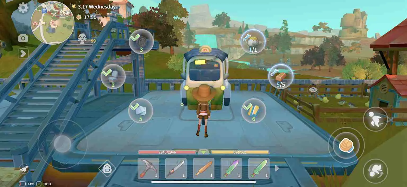Ảnh 4 của Tải game My Time at Portia Mod APK 1.0.11232 (Mở Khoá) Alt text mô tả nhân vật đang di chuyển trong một thị trấn đông đúc với nhiều tòa nhà và NPC