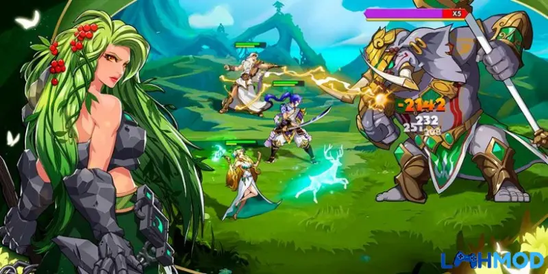 Ảnh 3 của Tải Mythic Heroes: Idle RPG Apk 1.14.1 cho Android Giao diện chiến đấu trong Mythic Heroes: Idle RPG với các anh hùng và kỹ năng