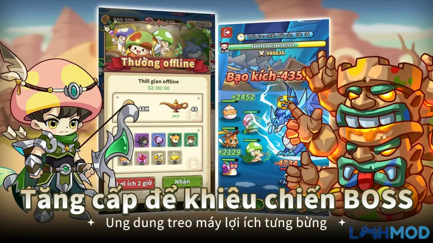 Ảnh 3 của Tải Hack Nấm Lùn Tiến Lên Apk 2.0.28 (Mod menu, Mở khóa) Giao diện lối chơi nhàn rỗi trong Hack Nấm Lùn Tiến Lên, với đèn thần và trang bị