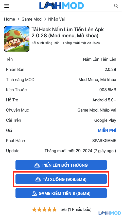 Ảnh 10 của Tải Hack Nấm Lùn Tiến Lên Apk 2.0.28 (Mod menu, Mở khóa) Nút "Tải về" để bắt đầu quá trình tải file APK của Hack Nấm Lùn Tiến Lên