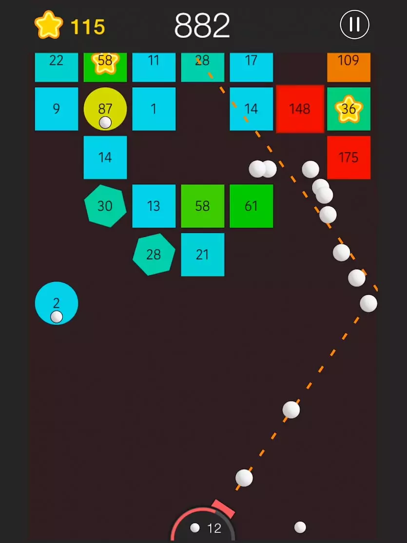 Ảnh 2 của Tải game Nonstop Balls Mod APK v1.3.6 (Vô Hạn Tiền) Giao diện Nonstop Balls hiển thị các khối gạch với chỉ số điểm và dòng bóng đang bay
