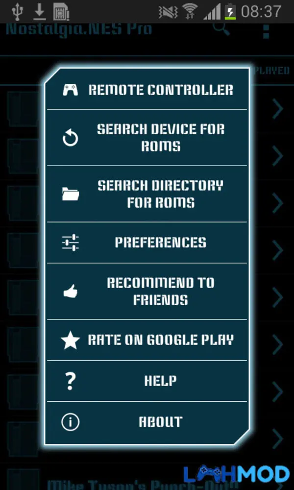 Ảnh 4 của Nostalgia.NES Pro Mod Apk 2.0.9 (Đã Trả Phí) Ảnh chụp màn hình game đang chạy trên Nostalgia.NES Pro với các tùy chọn menu