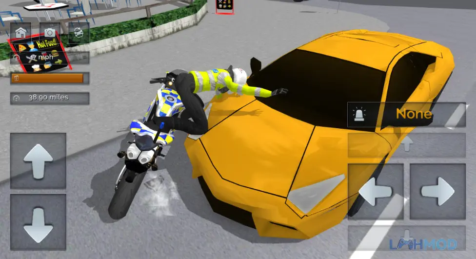 Ảnh 3 của Tải Police Motorbike Simulator 3D Apk 1.50 cho Android iOs Giao diện điều khiển xe mô tô cảnh sát trong game, hiển thị tốc độ và các nút chức năng