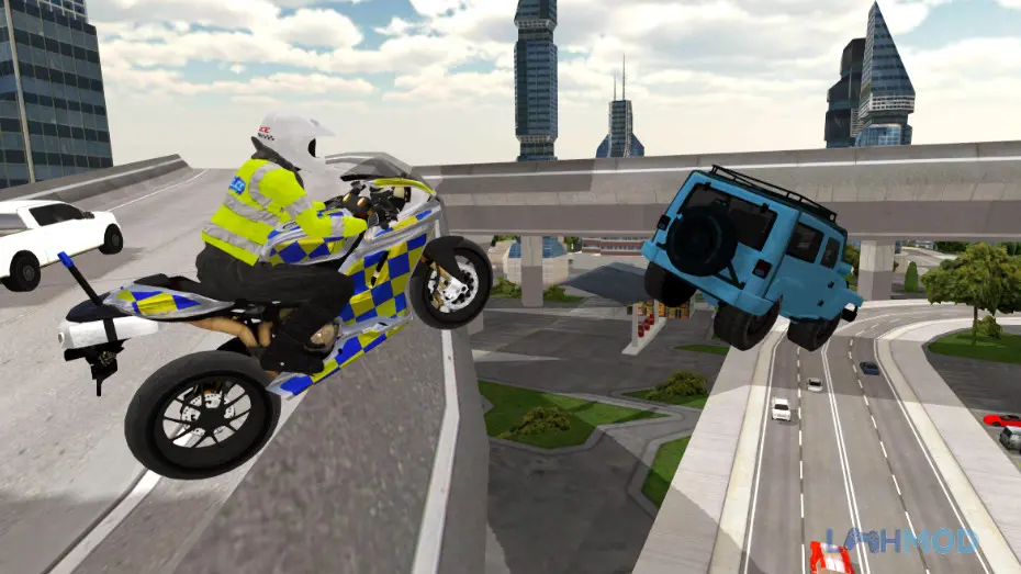Ảnh 4 của Tải Police Motorbike Simulator 3D Apk 1.50 cho Android iOs Chiếc mô tô cảnh sát đang đậu trước một tòa nhà hiện đại trong thành phố