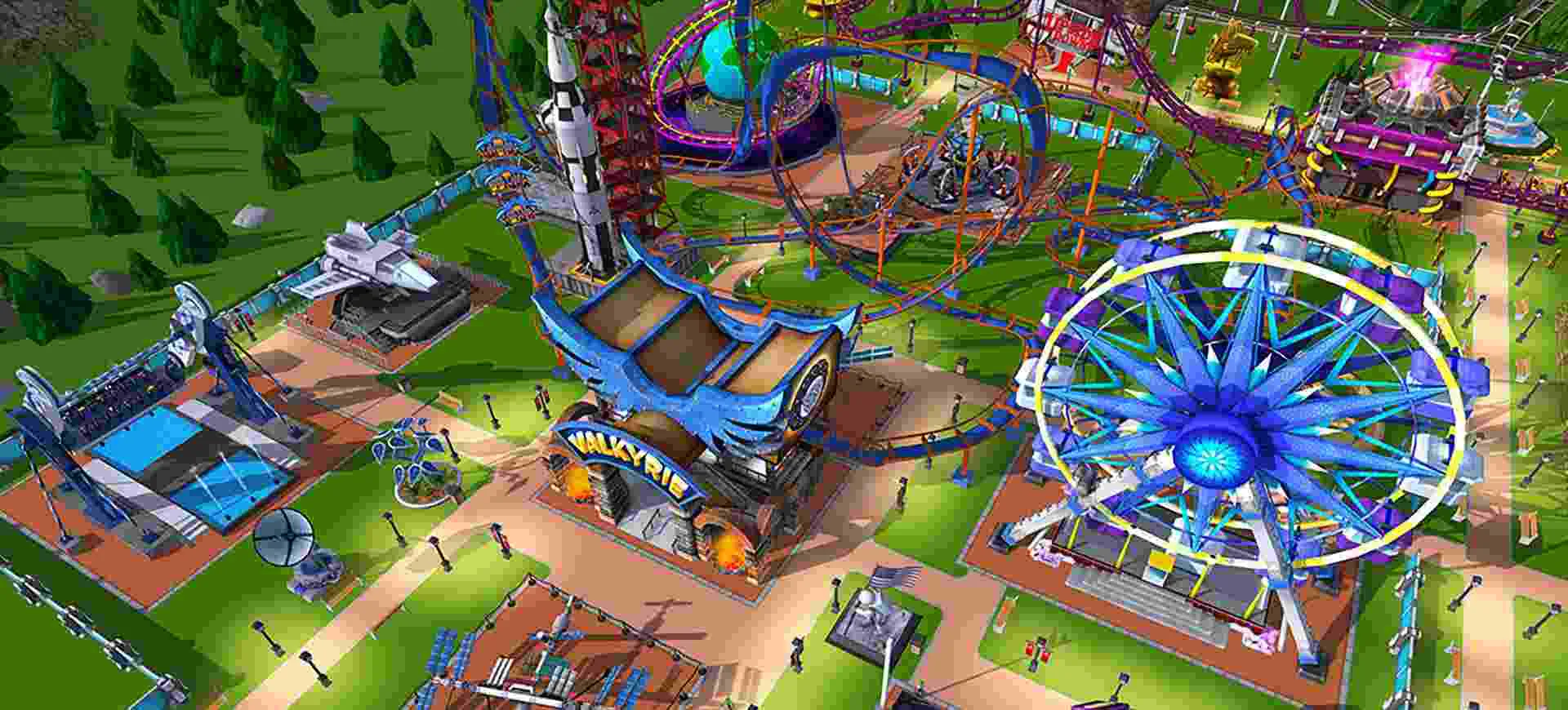 Ảnh 2 của RollerCoaster Tycoon Touch Mod APK 3.24.1032 (Menu, Vô Hạn Tiền) Giao diện game RollerCoaster Tycoon Touch với các công trình giải trí
