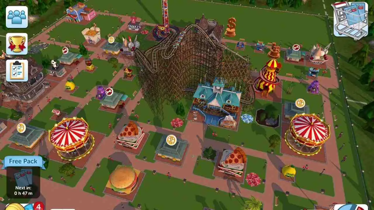 Ảnh 3 của RollerCoaster Tycoon Touch Mod APK 3.24.1032 (Menu, Vô Hạn Tiền) Màn hình xây dựng công viên với các tùy chọn công trình