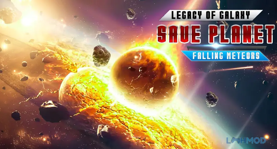 Ảnh 2 của Tải Save The Planet Apk 1.03.9 cho Android iOs Alt text mô tả cảnh Trái Đất đang bị tấn công bởi các tiểu hành tinh, tên lửa được phóng lên