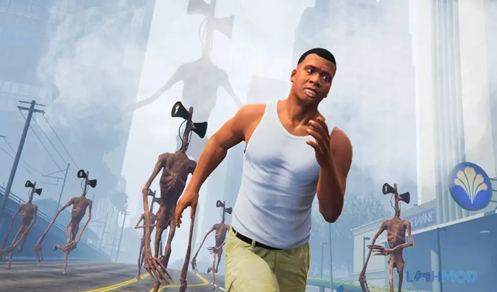 Ảnh 3 của Siren Head Scary Game Forrest Apk 9 – LMHMOD Người đàn ông chạy trên đường phố với nhiều Siren Head xuất hiện trong làn sương