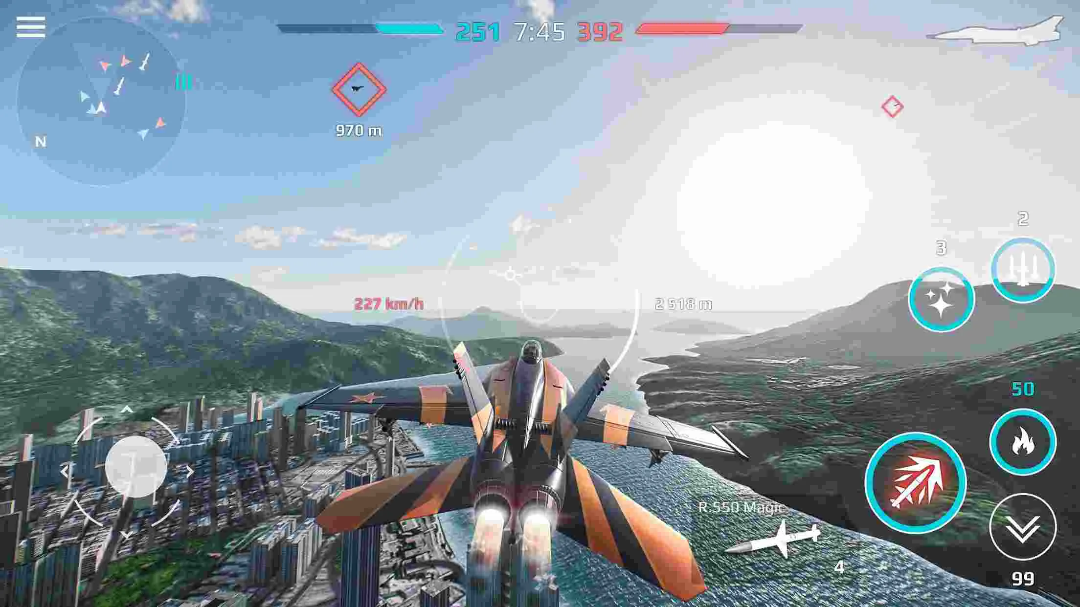 Ảnh 1 của Tải game Sky Combat Mod APK 8.0 (Menu, Vô hạn tên lửa) Cảnh máy bay chiến đấu Sky Combat đang giao tranh trên bầu trời thành phố