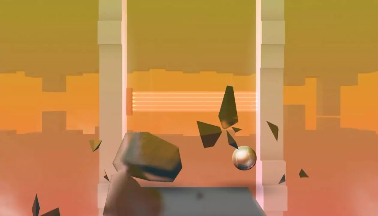 Ảnh 2 của Smash Hit Mod APK v1.5.11 (Premium, Vô Hạn Balls) Cảnh game Smash Hit với nhiều khối kính xoay tròn và các vật thể nổi trong không gian