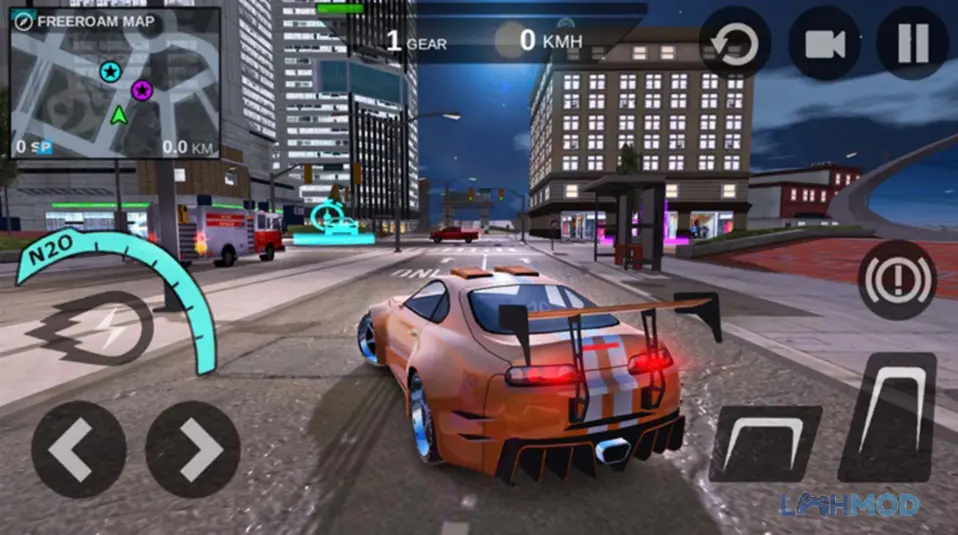 Ảnh 1 của Tải Speed Legends Car Driving Sim Mod Apk 1.0.4 (Vô Hạn Tiền) cho Android Xe thể thao màu đỏ đang drift trên đường đô thị trong Speed Legends Car Driving Sim