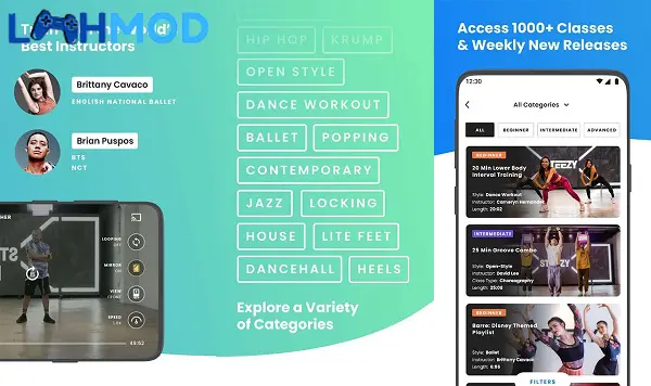 Ảnh 2 của STEEZY MOD APK 4.3.0 (Mở khóa Premium) cho Android iOS Màn hình chính của STEEZY MOD với các lớp học và thể loại nhảy