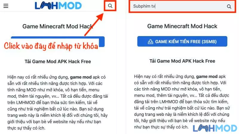Ảnh 5 của SUBPHIM TV – Ứng Dụng Xem Phim Miễn Phí Hàng Đầu Hướng dẫn truy cập LMHMOD và nhập từ khóa SUBPHIM TV