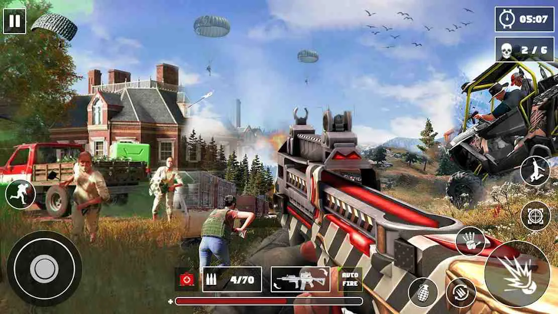 Ảnh 4 của Tải game Survival Squad Fire battle PVP Mod APK 1.24 (God Mode) Màn hình giao diện Survival Squad Fire battle PVP Mod hiển thị cảnh chiến đấu và vũ khí