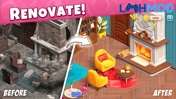 Ảnh 3 của Tasty Makeover MOD APK 1.2.3.2388 (Không giới hạn sao, xu, cuộc sống) Người chơi đang tương tác với nội thất trong Tasty Makeover