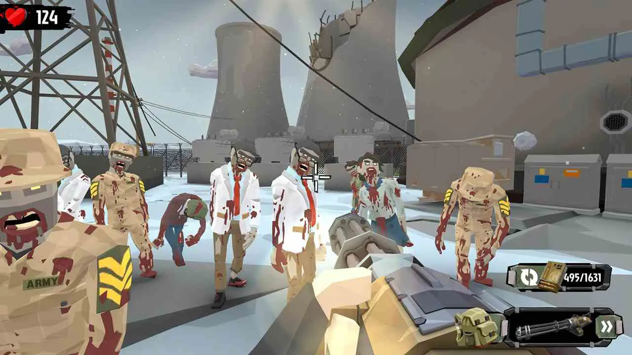 Ảnh 3 của The Walking Zombie 2 Mod APK 3.27.1 (Menu, Bất Tử, Tiền, Đạn) Nhân vật người chơi đối đầu với zombie trong môi trường hoang tàn